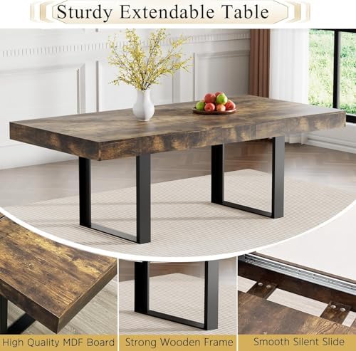 9-Piece Extendable Dining Table Set for 8, 63-78 Inch Rustic Brown Kitchen Tables Set with 8 Grey Tufted Chairs Farmhouse Wood Expandable Dining Room Table Set 8 for Kitchen Dining