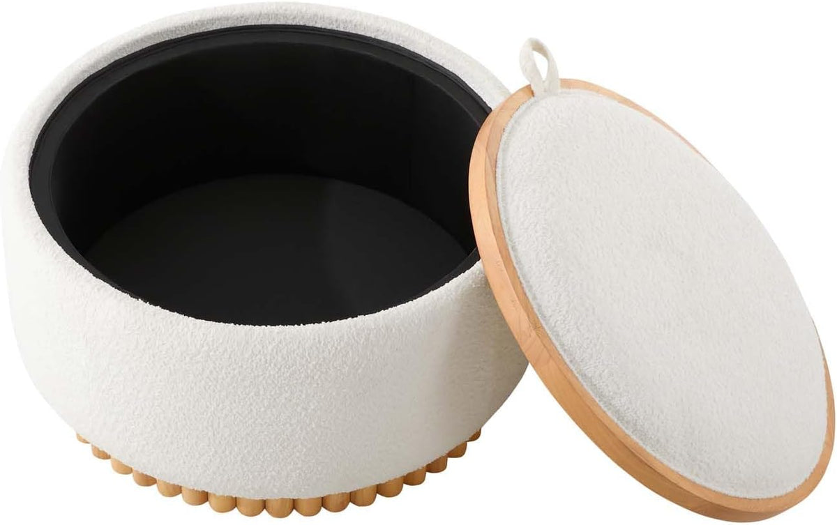 29" Boucle Upholstered Round Storage Ottoman with Solid Wood Legs, Modern Coffee Table Ottoman with Reversible Lid, Large Round Ottoman with Storage for Living Room (Beige, Boucle)