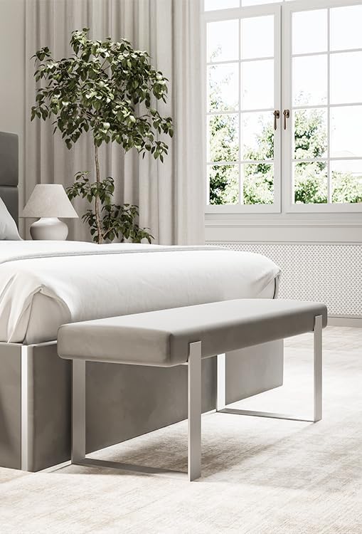VANT Upholstered Bed Bench - Vintage Leather Cognac - Burnished Brass - Contemporary Modern, Bedroom Bench Seat, Hallway, or Entryway