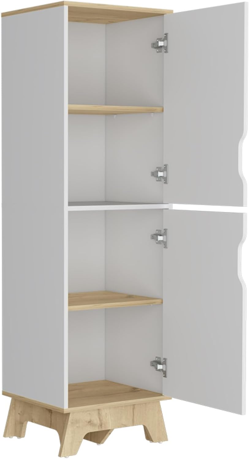Single Kitchen Pantry Wallas, Four Shelves, Two Doors, Light Oak/White Finish