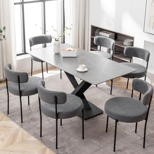 Cinxzar Grey Boucle Dining Chairs Set of 6, Upholstered Dining Room Chairs with Black Metal Legs, Modern Dining Chair for Dining Room, Kitchen