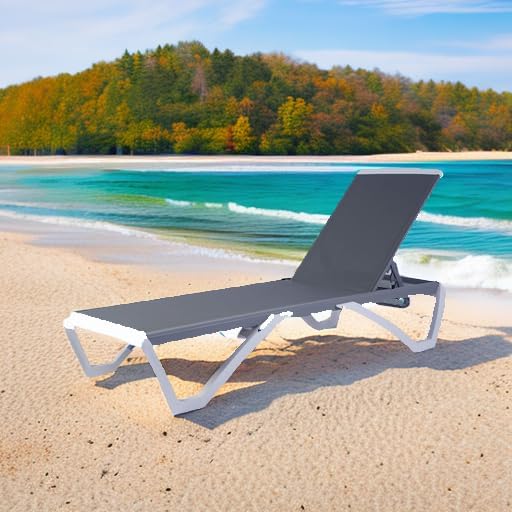 Kozyard Outdoor Chaise Lounge Chair, Full Flat Adjustable Patio Lounger with Aluminum Frame & Resin Legs, Textilene Fabric for Poolside, Backyard & Beach (Gray, Chair)