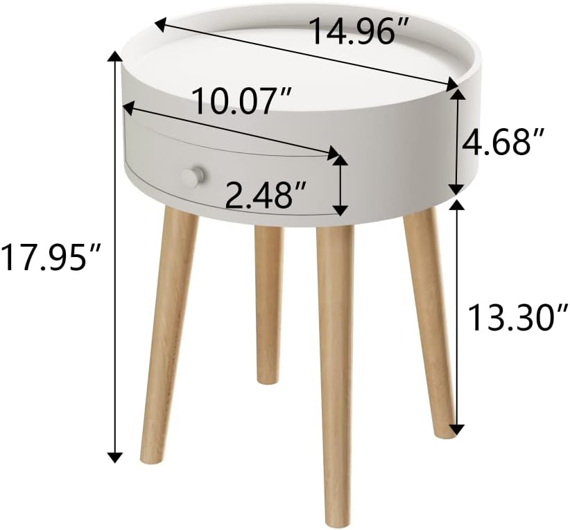 18" H Modern Nightstand with Storage Drawer & Oak Legs Bedside Table, Sofa Side Coffee Table for Bedroom, Living Room (White + MDF)