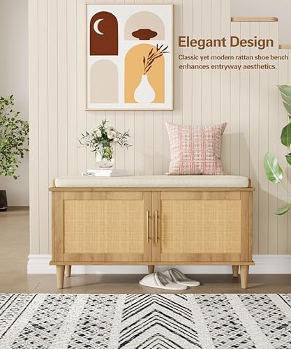 Akxomel 39.4" Rattan Shoe Storage Bench 2 Doors Wooden Entryway Bench Oak | 2 Tier Shoe Bench with Padded Cushion, Adjustable Shelves and 2 Doors, Solid Wood Legs, for Hallway, Living Room, Bedroom