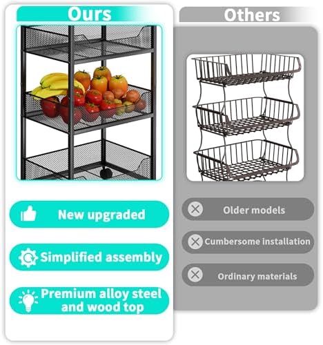 HapiRm Fruit Basket Kitchen Cart - 4-Tier Rolling Storage Cart with Wheels, Fruit Vegetable Basket with Wood Top, Pantry Utility Kitchen Organizer for Fruit Potato Onion Vegetable Bread Snack