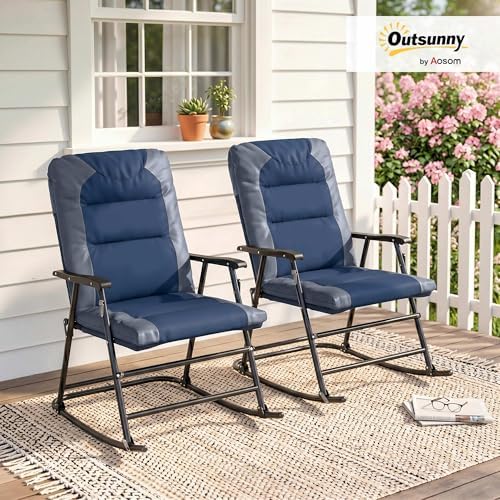 Outsunny Oversized Folding Rocking Camping Chair Set of 2 Padded Navy Blue | Outdoor Rockers, High Back and Armrests, Portable Outdoor Patio Chairs, Steel Frame, Garden Porch Lawn