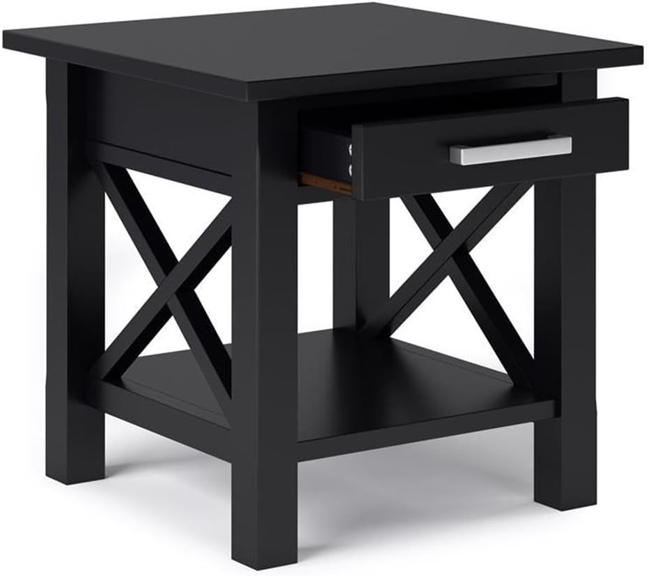Pemberly Row Solid Wood End Table with Storage, Black Finish, 20.5" W x 20.5" D x 20" H, One Drawer and Shelf, Square Contemporary Design, Living Room or Bedroom Side Table