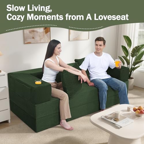 COMAX Queen Couch, 79" Futon Sofa Bed Couches for Living Room | Convertible Sleeper Sofa Corduroy Couch Bed Foam in a Box, Foldable Cloud Couch Floor, Green