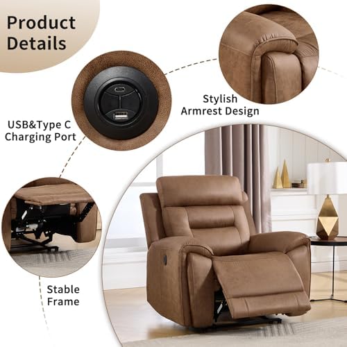 ANJ 3-Piece Power Recliner Sofa Set with Charging Ports, Include Single Recliner Chair, 2-Seater Loveseat with Hidden Storage & Cup Holders and 3-Seater Reclining Couch for Living Room, Brown