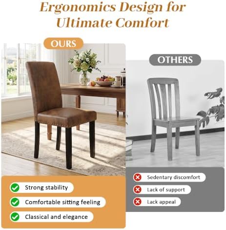 Dining Chairs Set of 4, Vintage Brown Kitchen Chairs with Nailhead Trim | Comfy Padded Parsons Chairs with Solid Wood Legs, Suitable for Dining Room, Kitchen, Restaurant