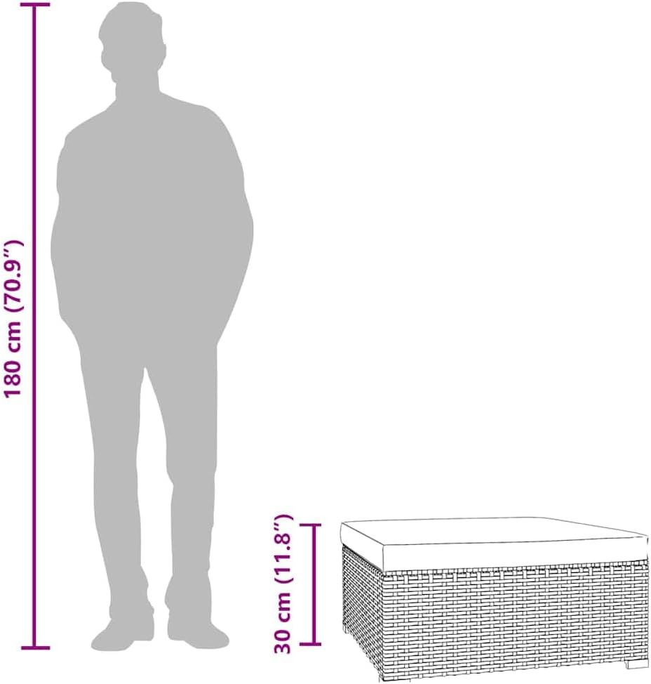 Patio Footrest with Cushion, 27.6x27.6x11.8 Inches Poly Rattan Ottoman, Black Steel Frame Footstool for Outdoor Use