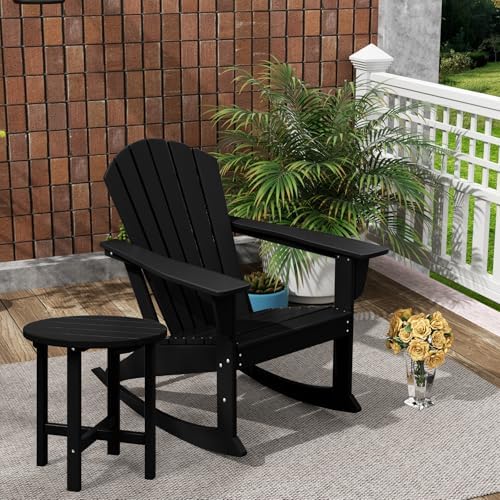 Costaelm Outdoor Adirondack Chair, All Weather Resistant Lawn Chairs Balcony Chair and Fire Pit Chairs, Deck Chairs Outdoor Porch Rocking Chair High Back HDPE Poly Lumber, Black