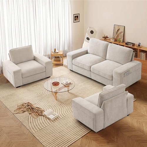 TEKAMON 73" Loveseat Sofa with Seat Storage, 2-Seater Modular Sofa Couch for Living Room, Chenille Fabric, Solid Wood Frame, Spring Cushions, USB Charging, Removable Covers, Side Pockets, Beige