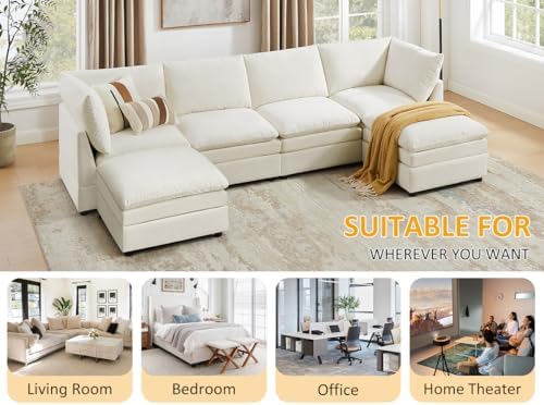 VANOMi U Shape Modular Sectional Sofa Couch for Living Room, Oversized Modern Sleeper Cloud Couch with Deep Seat Double-Layer Thick Cushion Ottoman, Convertible Upholstered Sofa Set, Ivory White