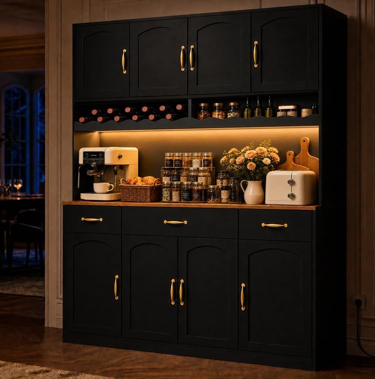 72" Tall Kitchen Pantry Cabinet with Charging Station 55" Wide Kitchen Hutch Cabinet with LED Light and Countertop Large Kitchen Cabinet with Adjustable Shelves and Wine Rack Black