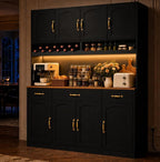 72" Tall Kitchen Pantry Cabinet with Charging Station 55" Wide Kitchen Hutch Cabinet with LED Light and Countertop Large Kitchen Cabinet with Adjustable Shelves and Wine Rack Black