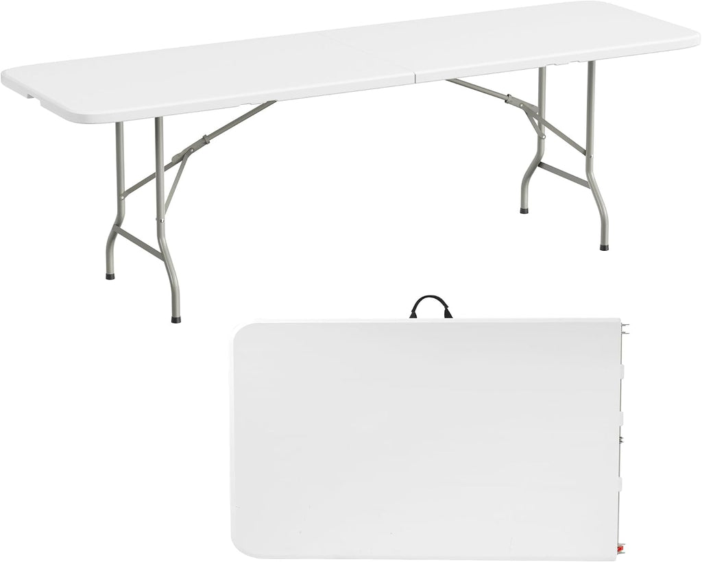 Simple Deluxe Foldable Table - Heavy Duty Portable Plastic Top & Steel Legs, Built-in Handle for Indoor Outdoor Party, Camping, Adjustable Height (22"/30"/36"), White 8FT