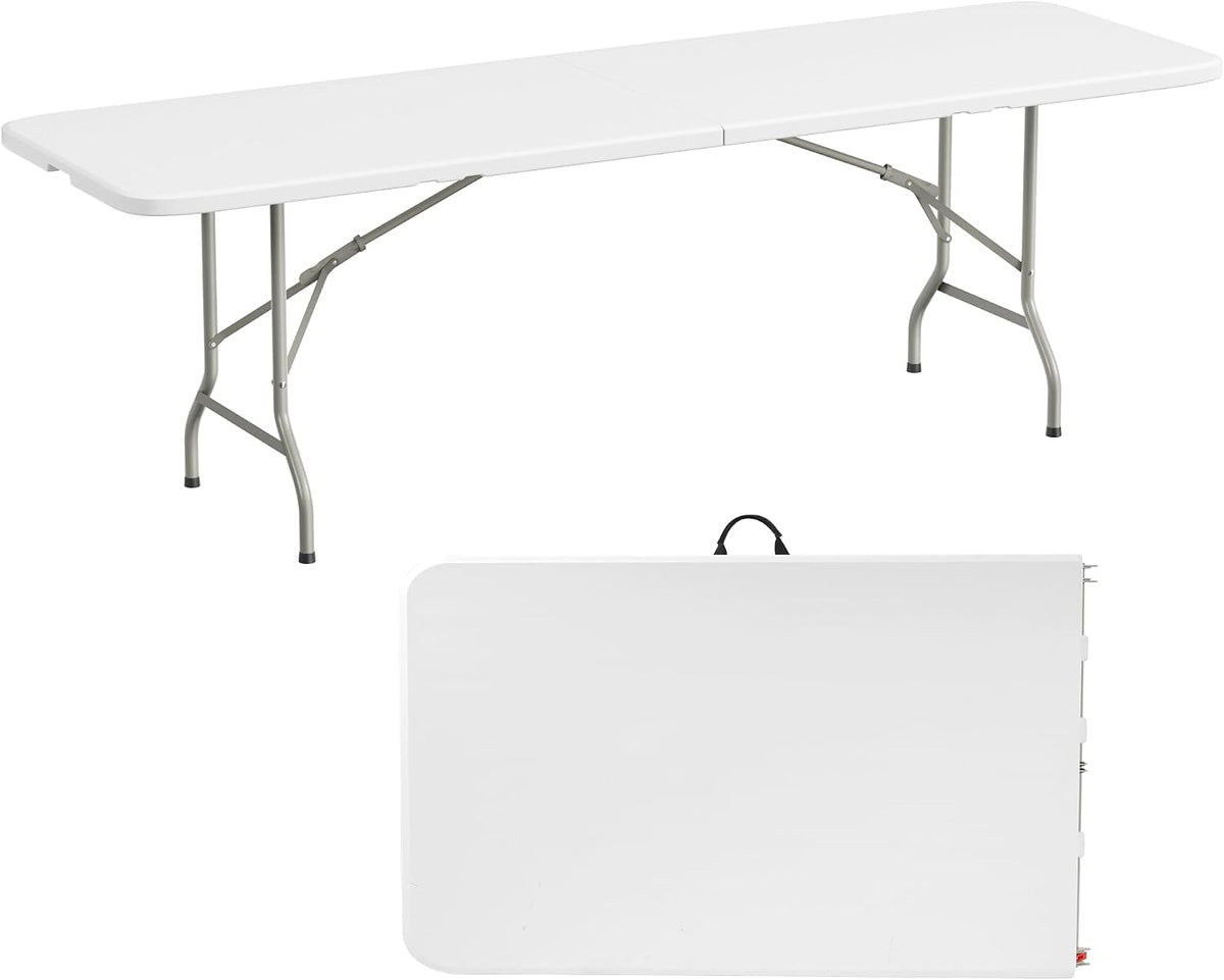 Simple Deluxe Foldable Table - Heavy Duty Portable Plastic Top & Steel Legs, Built-in Handle for Indoor Outdoor Party, Camping, Adjustable Height (22"/30"/36"), White 8FT