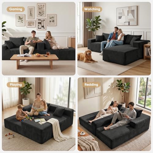 103" L Shaped Sectional Couch for Living Room, Modular Cloud Sofa | Modern Comfy Deep Seat Memory Foam Couch in Box, No Assembly, Right Facing Chaise (1CM Wide Striped Corduroy, Black)