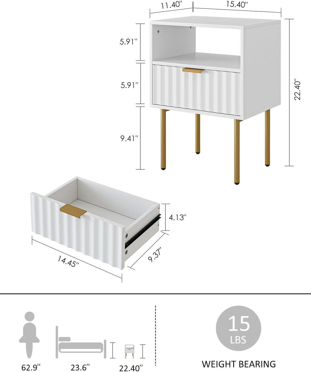 Night Stand,Modern Bedside Table with Drawer and Shelf,White Night Stand with Gold Frame,Small Side Table for Bedroom,Living Room