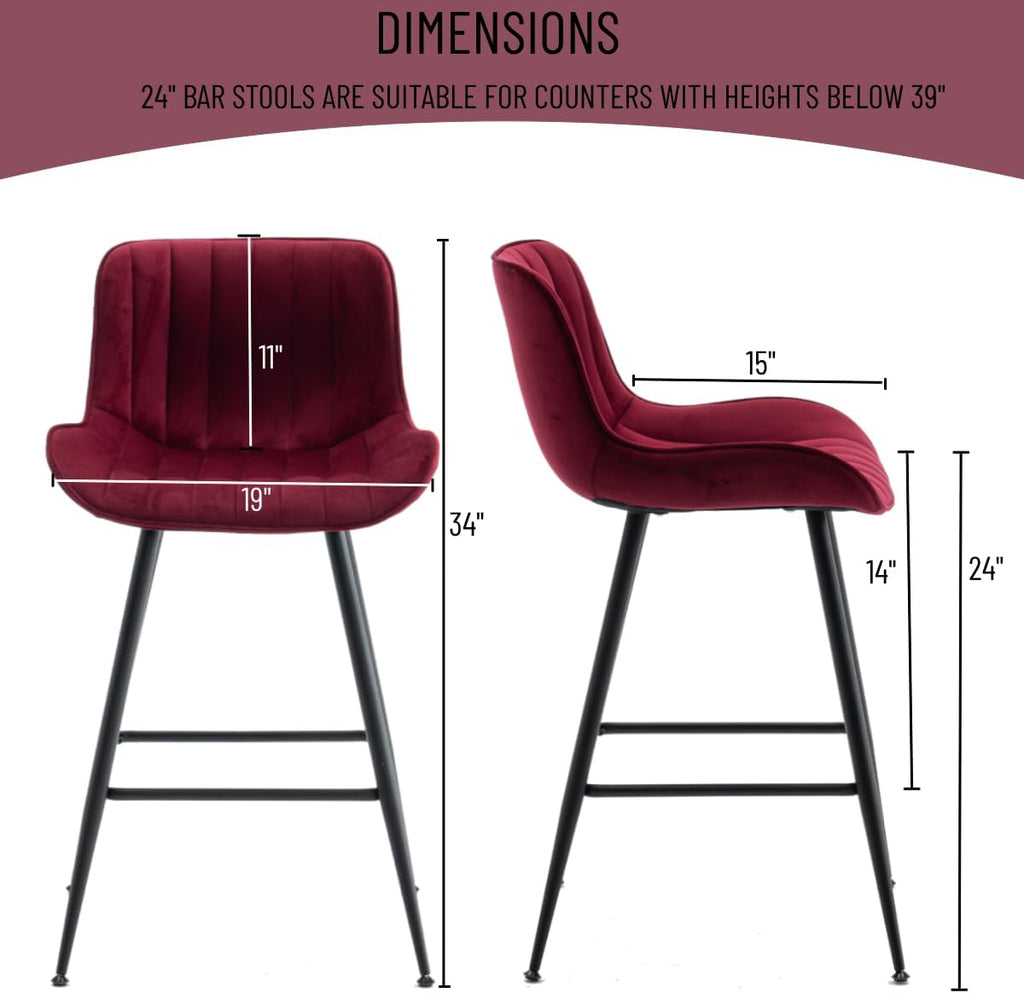 Bar Stools Set of 2 with Velvet Upholstery, Burgundy | Luxury Counter Height Bar Stools with Black Metal Legs 24 Inches Seat Height Barstools with Backs for Kitchen Island