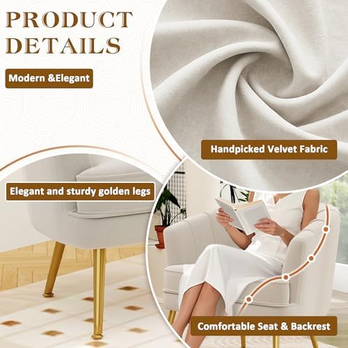 Andeworld Velvet Accent Chair, Barrel Armchair, Beige