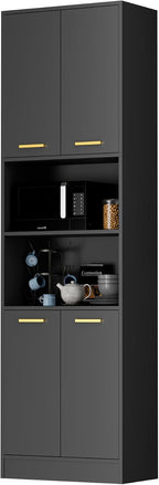 Cozy Castle Kitchen Pantry Cabinet, 75" Tall Wood Storage Cabinet with Doors and Shelves, 4 Doors Open Countertop Utility Hutch Cupboard for Dining Room Living Room Bathroom Furniture, Black