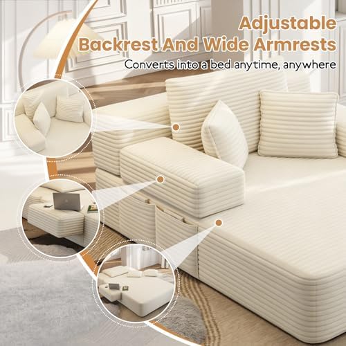 60.2 Inch Chaise Lounge Chair Indoor, Oversized Chaise Lounge with Adjustable Backrest and Armrests, Luxurious Corduroy Convertible Sofa Bed with Storage Pocket for Small Spaces, Apartment (Beige)