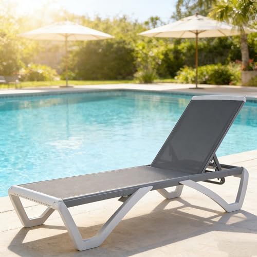 Kozyard Outdoor Chaise Lounge Chair, Full Flat Adjustable Patio Lounger with Aluminum Frame & Resin Legs, Textilene Fabric for Poolside, Backyard & Beach (Gray, Chair)
