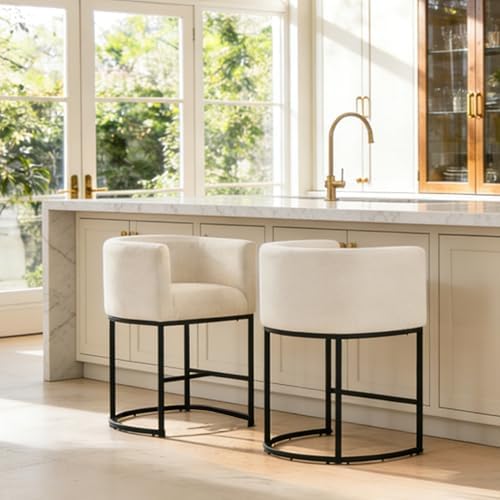 26" Counter Height Bar Stools Set of 4, Black Frame, Linen | Linen Upholstery, Barrel Backrest, Built-In Armrests, Kitchen Island Use, Sturdy Metal Frame, Counter Height