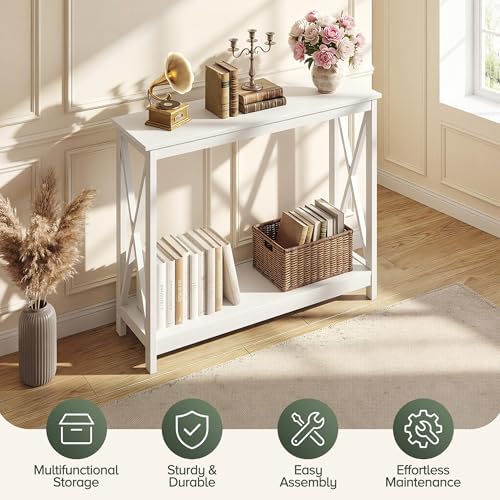 SUPER DEAL Console Table 39.5”, 2-Tier Narrow Sofa Side Table with Storage Shelf, Entrance Table for Hallway/Foyer/Living Room/Corridor/Office, White