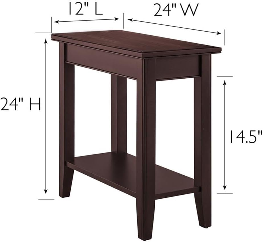 MAKLAINE Solid Wood Rectangular End Table, Chocolate Cherry Finish, 12 x 24 x 24 in, Space-Saving Narrow Design with Lower Shelf, Durable Living Room Side Table for Recliners or Small Spaces