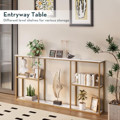 WOHOMO 63 in Entryway Table Modern Sofa Table with Shelves White Gold | 12 Inch Narrow Console Table for Living Room, 63" Hallway Table for Corridor, with 3-Tier Storage