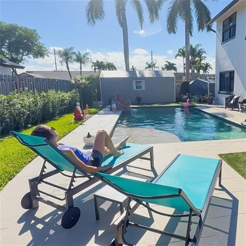PURPLE LEAF Pool Chaise Lounge with Wheels, Fade-Resistant, Turquoise Blue | Quick-dry Fade-resistant Babric, Rust-proof Frame, 5-position Recline, Wheels for Easy Move, Support To 270 Lbs, Use for Pool