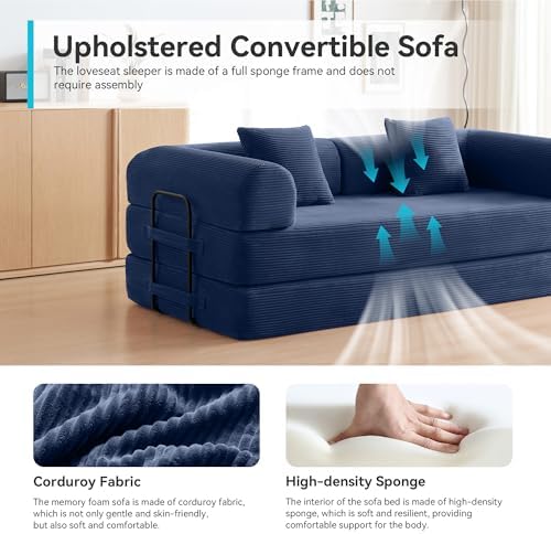 79" Convertible Sofa Bed, Couch for Small Living Room | Corduroy Loveseat Sleeper Sofa, Modular Futon Couch with 2 pillow, Pull Out Couch No Assembly (Navy Blue)