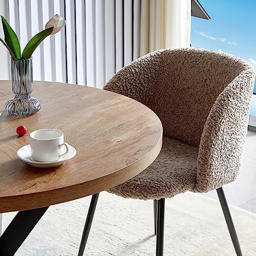 NORDICANA 5 Piece Dining Table and Chair Set, 37-Inch Engineered Wood Round Table Set, Light Brown Fuzzy Sherpa Armchairs with Black Metal Leg for Small Spaces