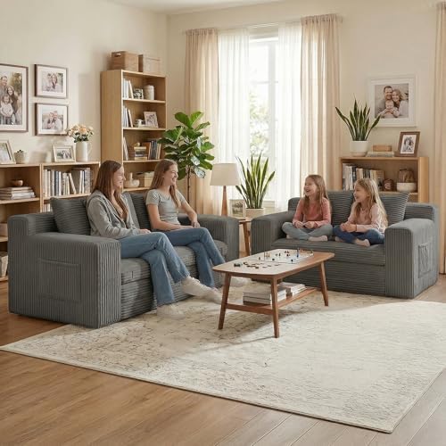 Loveseat Sofa Bed, Tri-Folding Convertible Futon Sleeper with Handle & Side Pockets, 54'' Couch with Hook and Loop No Assembly for Small Space,Living Room & Bedroom