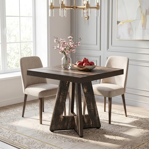 LITTLE TREE 31.5" Square Dining Table for 4, Small Space Kitchen Table with Pedestal Base, Farmhouse Wood Tables for Apartment, Dining Room & Living Room, Ideal for Cafe & Restaurant Use (Black Brown) | Pedestal Base, Farmhouse Wood Tables for Apartment