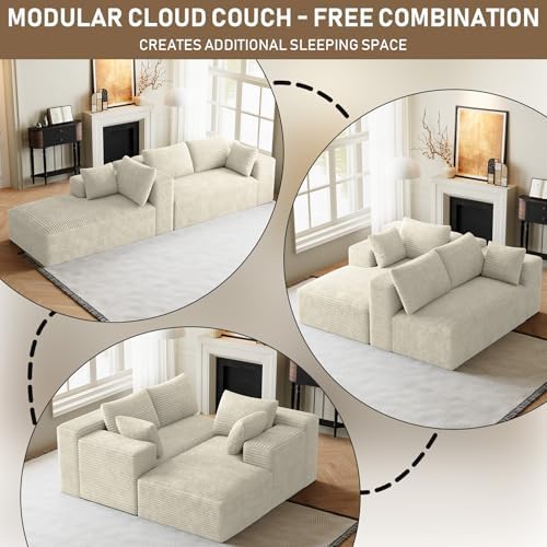 ONEMMLION 96" L-Shaped Cloud Couch Sofa with Chaise, Beige White | Corduroy Comfy Fluffy Modular Deep Seat Memory Foam Compressed Sectional Sofa for Living Room Oversized Left Facing Chaise
