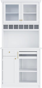 Kitchen Pantry Storage Cabinet with Wine Rack and Adjustable Shelves, Freestanding Buffet Cabinet with Hutch, White