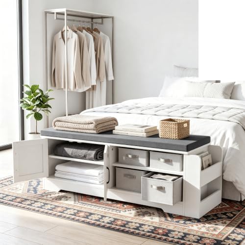 Farmhouse Shoe Storage Bench with 3-in-1 Entryway Storage & Padded Seat | 47.3" Wide Entryway Bench with Adjustable Shelves, Shoe Organizer & Side Storage Rack for Living Room, Bedroom, White