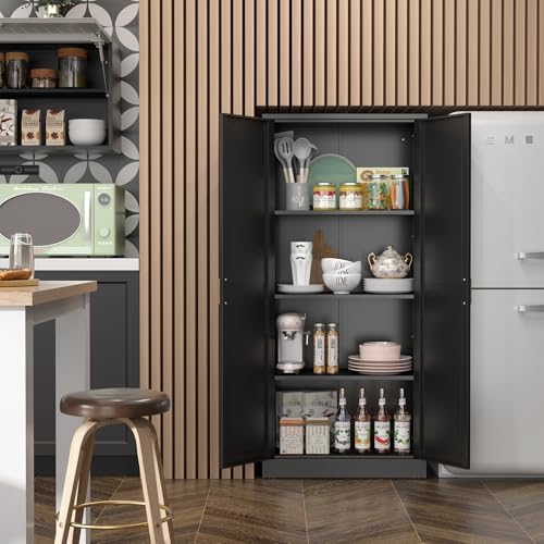 Steeloong 60"Metal Pantry Storage Cabinet with Doors & 4 Adjustable Shelves | Kitchen Pantry Cabinet,Black Kitchen Cabinet with 2 Gold Handles,Tall Cabinet for Livingroom,Pantry, Bathroom,Kitchen,Garage