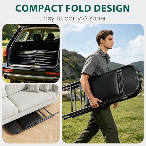 Folding Chairs 4 Pack,350 lbs Heavy Duty Metal Frame Folding Chairs with PU Leather Padded Seat,Ergonomic Portable Foldable Chair with Non-Slip Rubber Feet for Indoor Outdoor Wedding Patio Party,Black