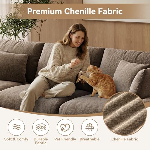 WorthFurni 110” Cloud Sectional Couches for Living Room, Modular Sectional Sofa with Deep Seat, Convertible L-Shape Couch with Storage Ottoman for Bedroom Apartment, Chenille (Brown)