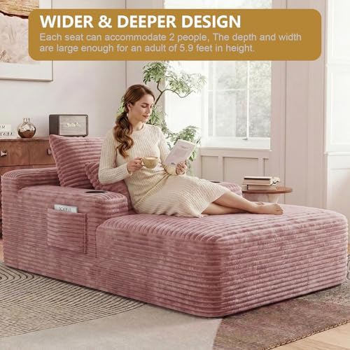 65" Oversized Chaise Lounge Chair Indoor, Chaise Lounge Chair with Cup Holders Side Pockets 3 Pillows, Cloud Corduroy Chaise Sofa Bed Sleeper Couches for Living Room No Assembly Require,Pink