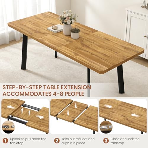63"-78.7" Expandable Dining Room Table Set for 4-8 People, Walnut | Removable Extension Leaf, Durable MDF Rectangle Top, 6 Beige Sleek Faux Leather Chairs, Heavy Duty Modern Kitchen Table Set