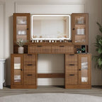 55" Vanity Desk with Mirror & Lights, Fluted Makeup Vanity with 8 Drawers & 4 Cabinets, Tempered Glass Top, RGB Cabinet Lighting, 3-Color Dimmable Mirror, and Charging Station