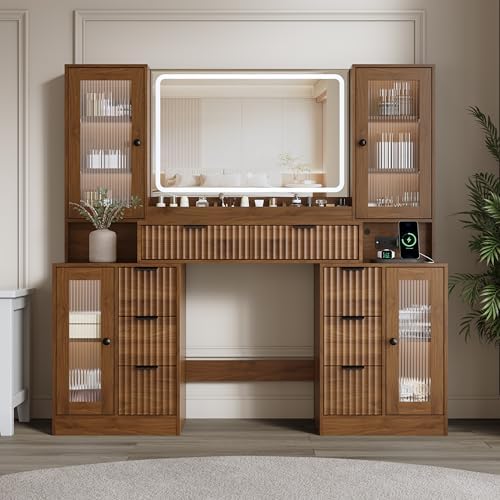 55" Vanity Desk with Mirror & Lights, Fluted Makeup Vanity with 8 Drawers & 4 Cabinets, Tempered Glass Top, RGB Cabinet Lighting, 3-Color Dimmable Mirror, and Charging Station