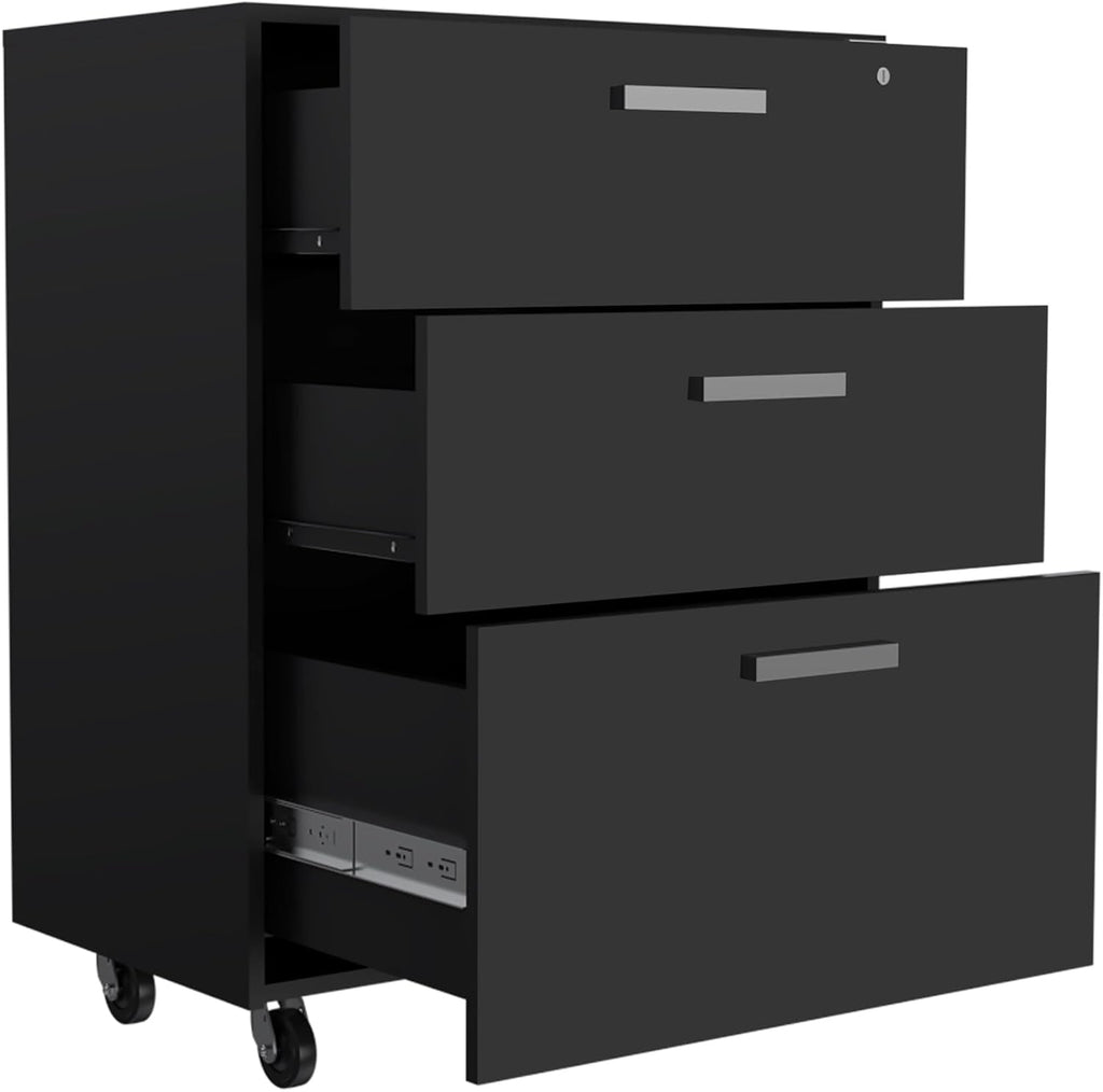 3 Drawers Storage Cabinet with Casters Lions Office, Black Wengue Finish