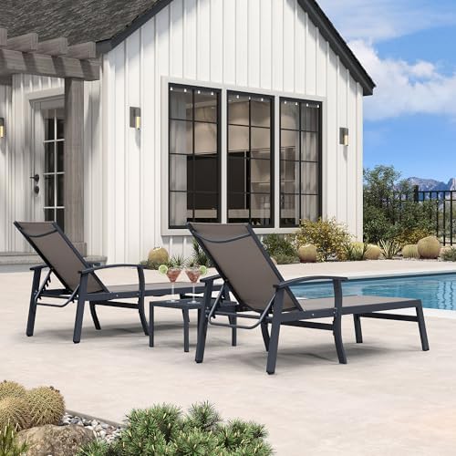 PURPLE LEAF Outdoor Chaise Lounge Chairs Set of 2 Aluminum Frame, Taupe | Textilene quick dry & durable, Powder coat for anti-rust, Armrests added comfort, Built-in Side Table, 5 Adjustable position